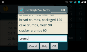 #1 Factor: Tap the factor button. In the window that opens make sure the checkbox is checked. To filter the results start typing in the field at the bottom. Tap the name of the ingredient in the list to set the factor. Once the factor is set tap the OK button.