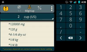 #2 Results: Enter the value (2) and select the original units (cup). Scroll the results to display the desired units (grams). So 2 cups (US) of cracker crumbs should weigh 120g