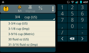 #2 Result: Make sure that the Resize button is lit up to show it's being used and displaying the correct ratio (5:1 = 5 cakes from 1 cake) Enter your 3/4 cup that's called for in the original recipe. All the results will be the same as 5 times 3/4 cup so just select the one you prefer. Leave this setting throughout the recipe to scale all of the ingredients to the new size.